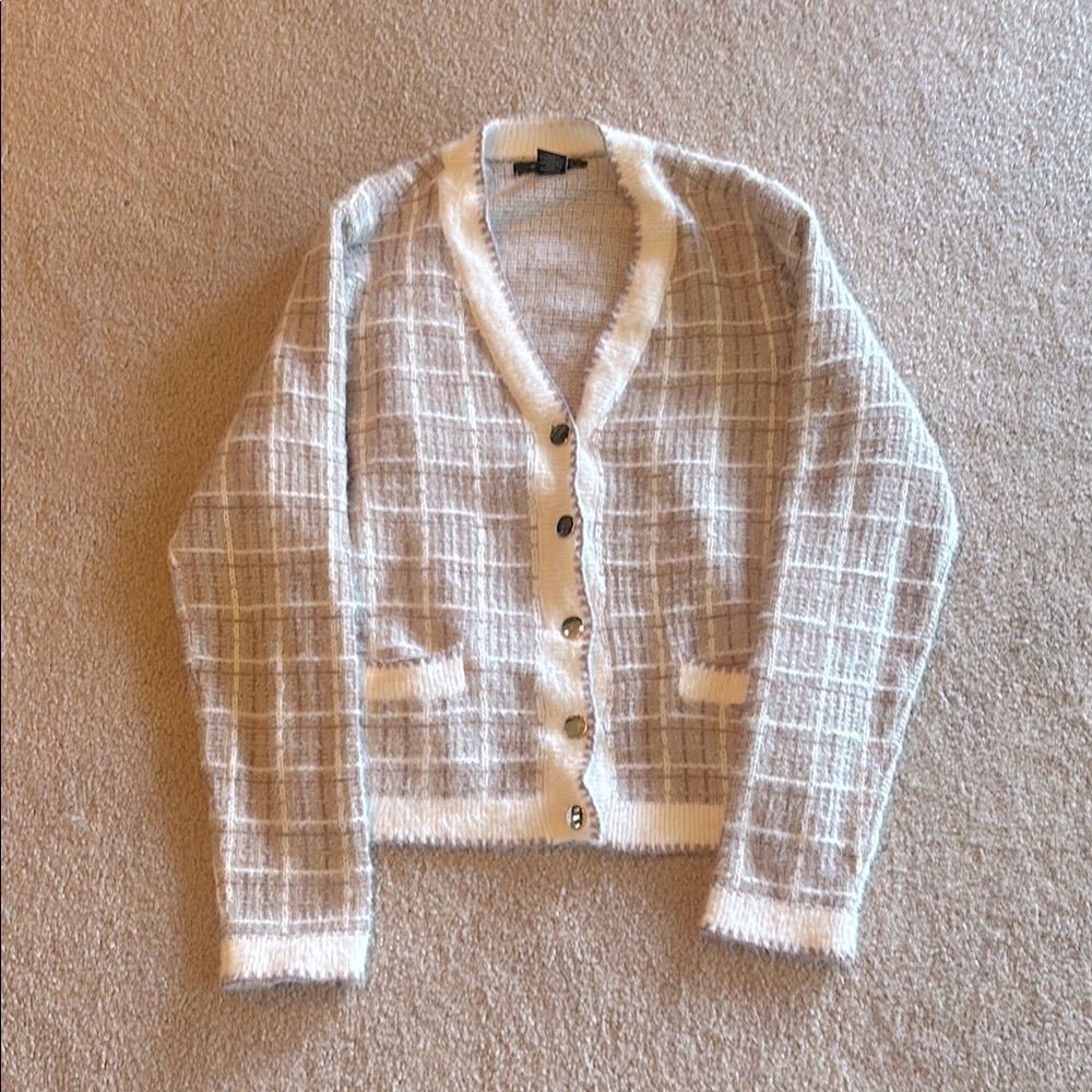 Tahari Plaid Button-Up Sweater - Cream and Brown